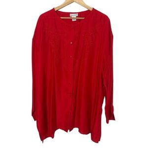 Adrian Jordan Silk Blouse Womens 26/28 Red Excellent Embroidered Button Up